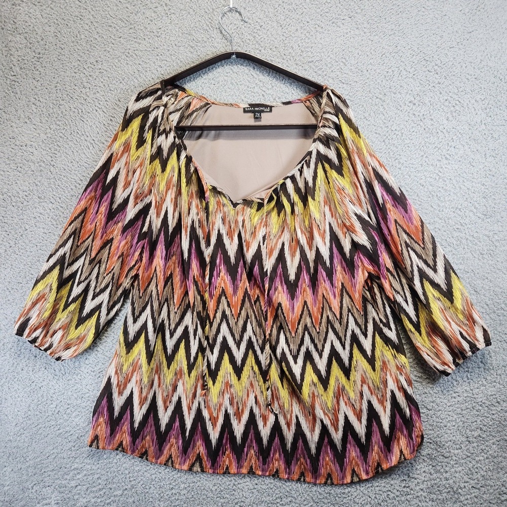 Sara Michelle Blouse Womens 2X Multicolor Chevron Print Tie Neck 3/4 Sleeve Boho